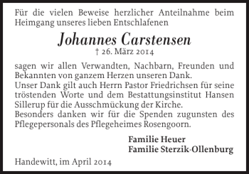 Traueranzeige von Johannes Carstensen von Flensburger Tageblatt