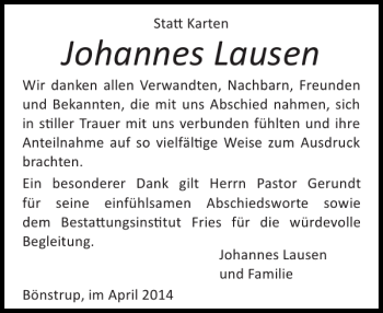 Traueranzeige von Johannes Lausen von Flensburger Tageblatt
