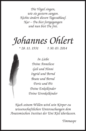 Traueranzeige von Johannes Ohlert von Landeszeitung