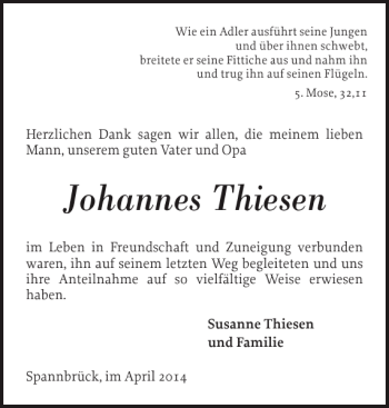 Traueranzeige von Johannes Thiesen von Flensburger Tageblatt