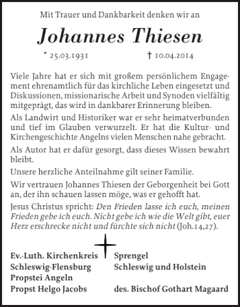 Traueranzeige von Johannes Thiesen von Flensburger Tageblatt