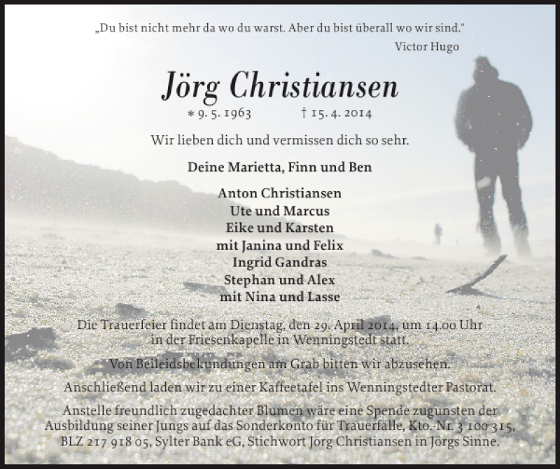  Traueranzeige für Jörg Christiansen vom 23.04.2014 aus Sylter Rundschau