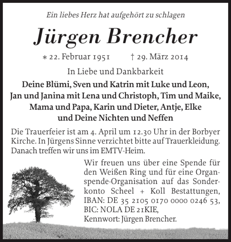  Traueranzeige für Jürgen Brencher vom 01.04.2014 aus Eckernförder Zeitung