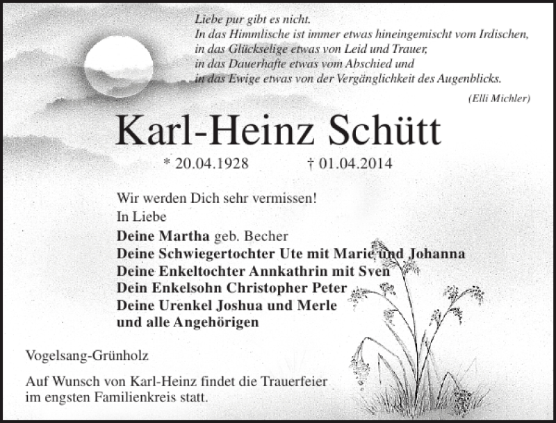  Traueranzeige für Karl-Heinz Schütt vom 05.04.2014 aus Eckernförder Zeitung