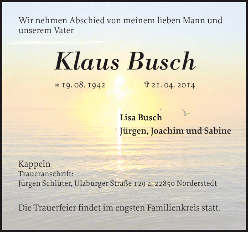  Traueranzeige für Klaus Busch vom 28.04.2014 aus Schlei-Bote