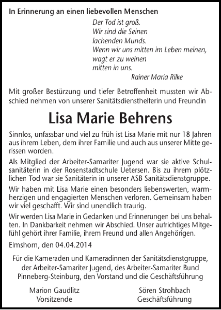  Traueranzeige für Lisa Marie Behrens vom 05.04.2014 aus Pinneberger Tageblatt
