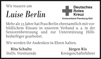 Traueranzeige von Luise Berlin von Flensburger Tageblatt