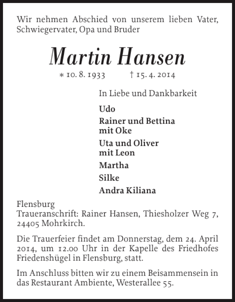  Traueranzeige für Martin Hansen vom 19.04.2014 aus Flensburger Tageblatt