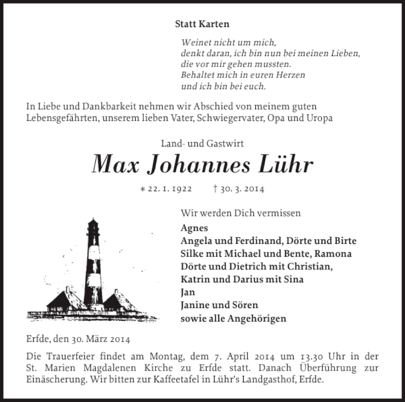  Traueranzeige für Max Johannes Lühr vom 04.04.2014 aus Landeszeitung