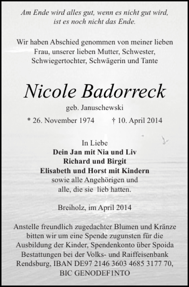  Traueranzeige für Nicole Badorreck vom 19.04.2014 aus Landeszeitung