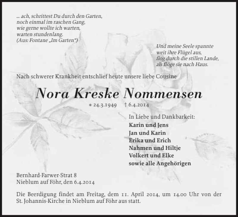 Traueranzeige für Nora Kreske Nommensen vom 09.04.2014 aus Der Insel-Bote