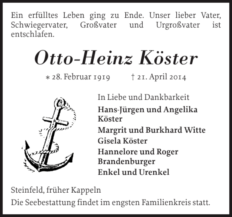  Traueranzeige für Otto-Heinz Köster vom 26.04.2014 aus Schlei-Bote