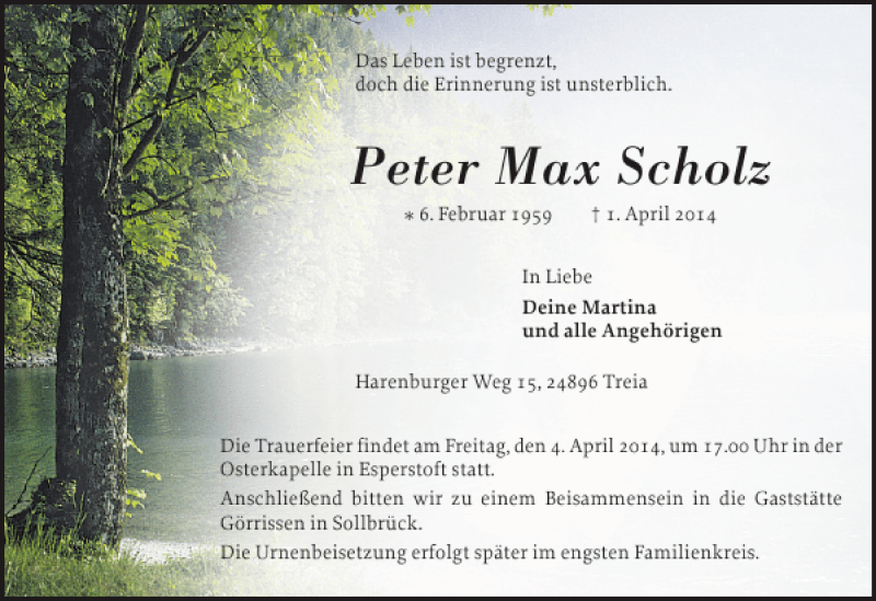 Traueranzeige für Peter Max Scholz vom 03.04.2014 aus Schleswiger Nachrichten