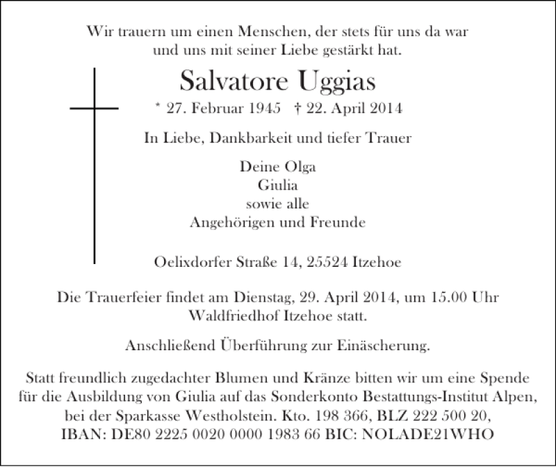  Traueranzeige für Salvatore Uggias vom 26.04.2014 aus Norddeutsche Rundschau
