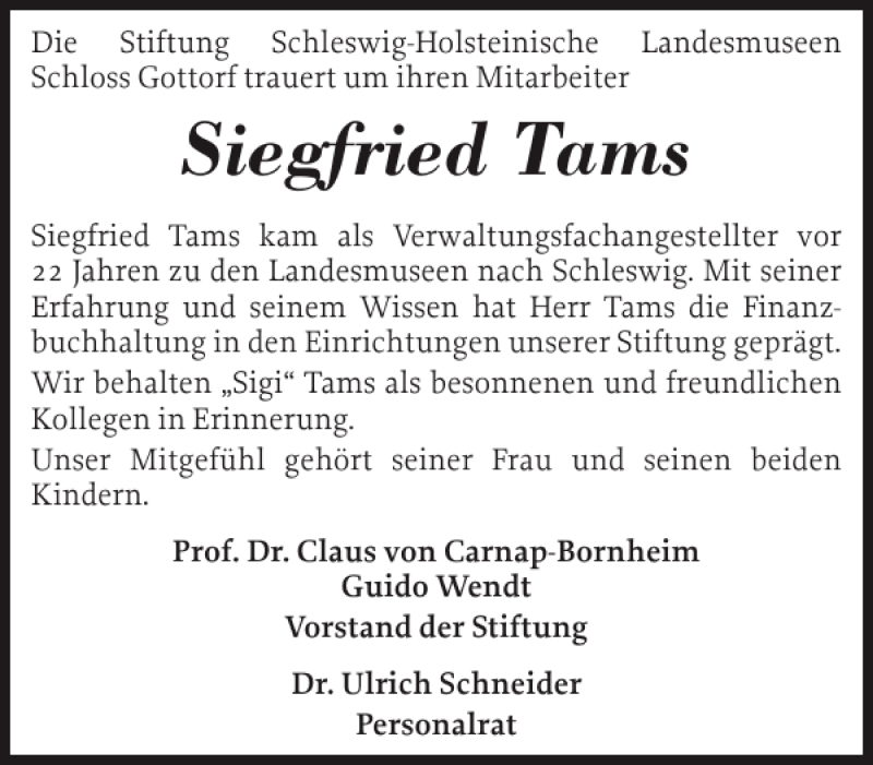  Traueranzeige für Siegfried Tams vom 08.04.2014 aus Schleswiger Nachrichten