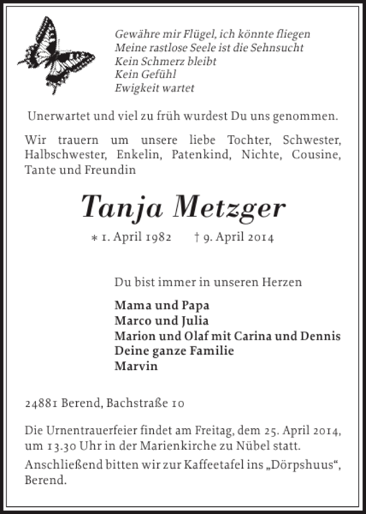  Traueranzeige für Tanja Metzger vom 22.04.2014 aus Flensburger Tageblatt