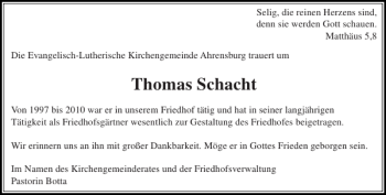 Traueranzeige von Thomas Schacht von Stormarner Tageblatt