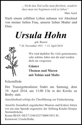 Traueranzeige von Ursula Hohn von Eckernförder Zeitung