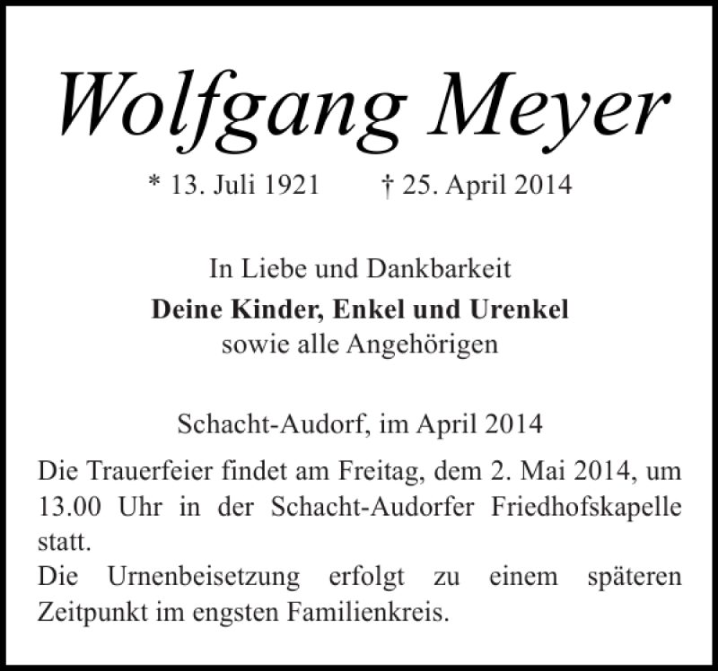  Traueranzeige für Wolfgang Meyer vom 30.04.2014 aus Landeszeitung