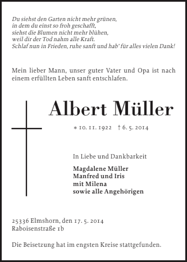  Traueranzeige für Albert Müller vom 17.05.2014 aus Elmshorner Nachrichten
