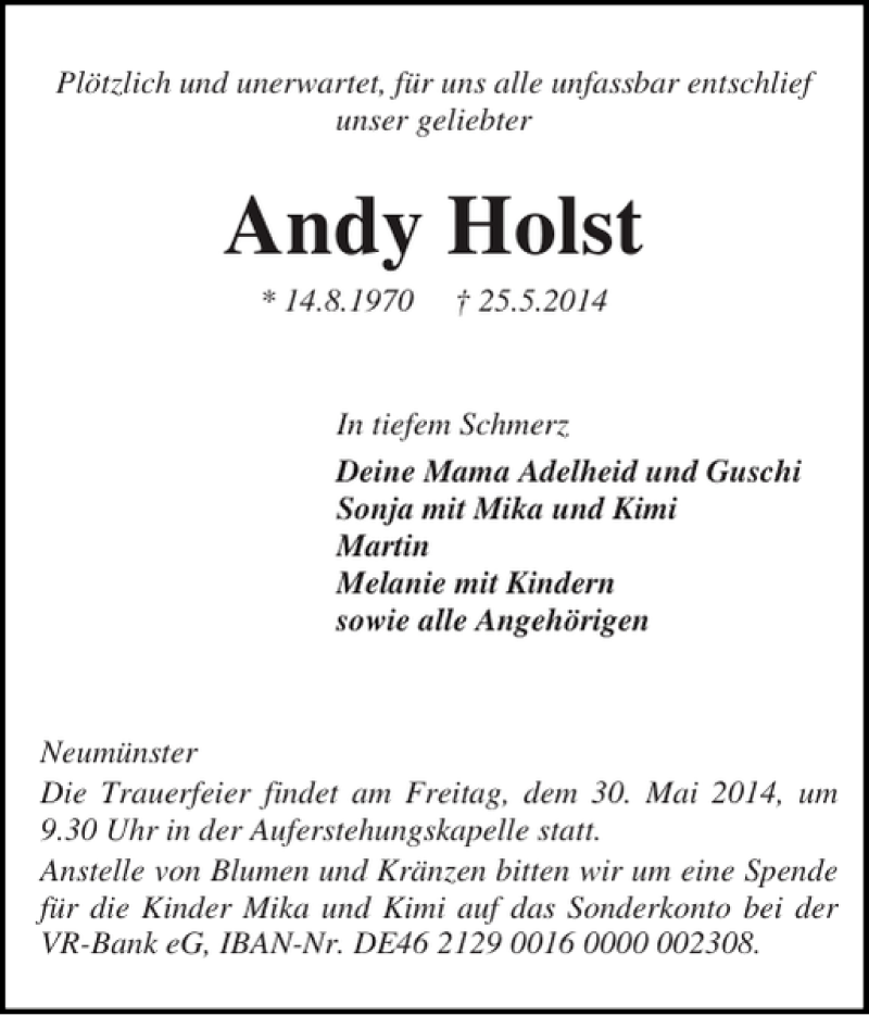  Traueranzeige für Andy Holst vom 28.05.2014 aus Holsteinischer Courier