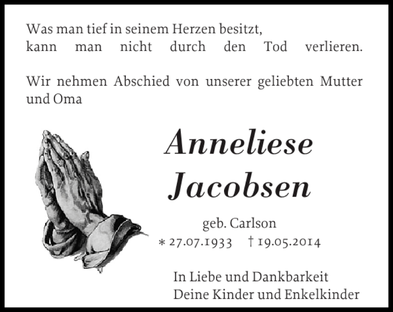  Traueranzeige für Anneliese Jacobsen vom 24.05.2014 aus Flensburger Tageblatt