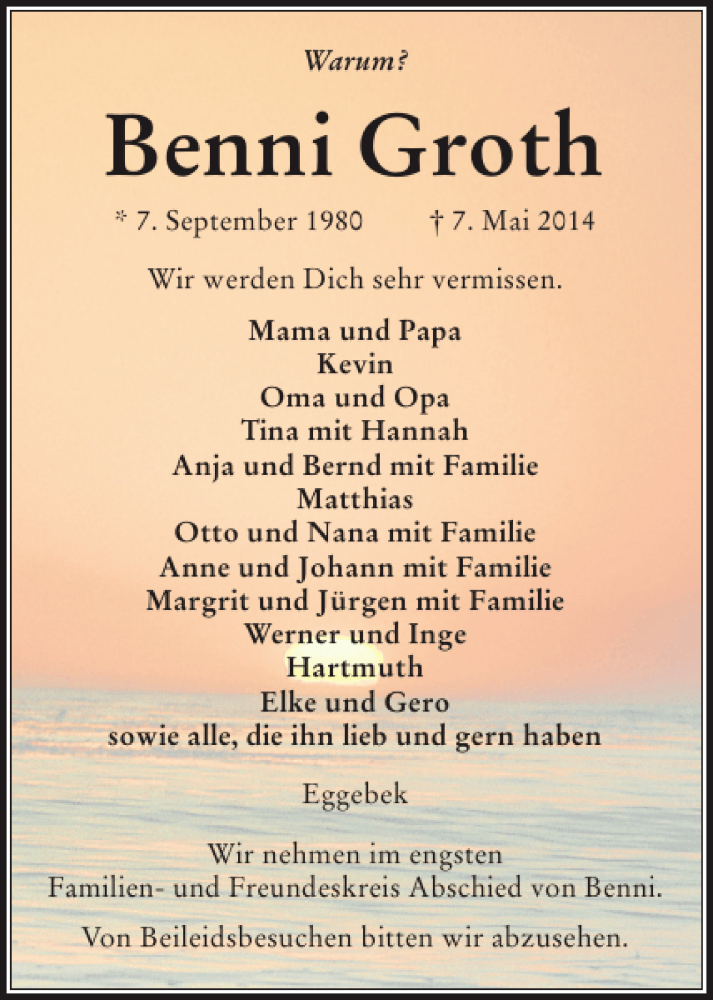  Traueranzeige für Benni Groth vom 10.05.2014 aus Flensburger Tageblatt