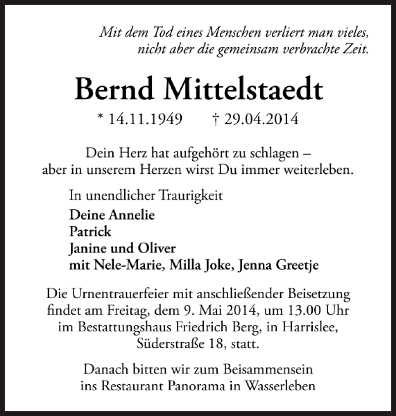  Traueranzeige für Bernd Mittelstaedt vom 03.05.2014 aus Flensburger Tageblatt