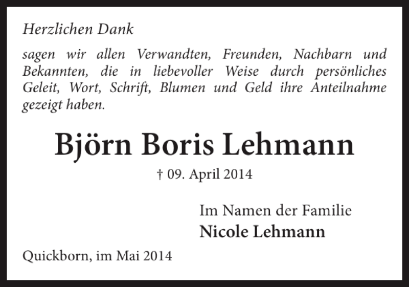  Traueranzeige für Björn Boris Lehmann vom 17.05.2014 aus Pinneberger Tageblatt