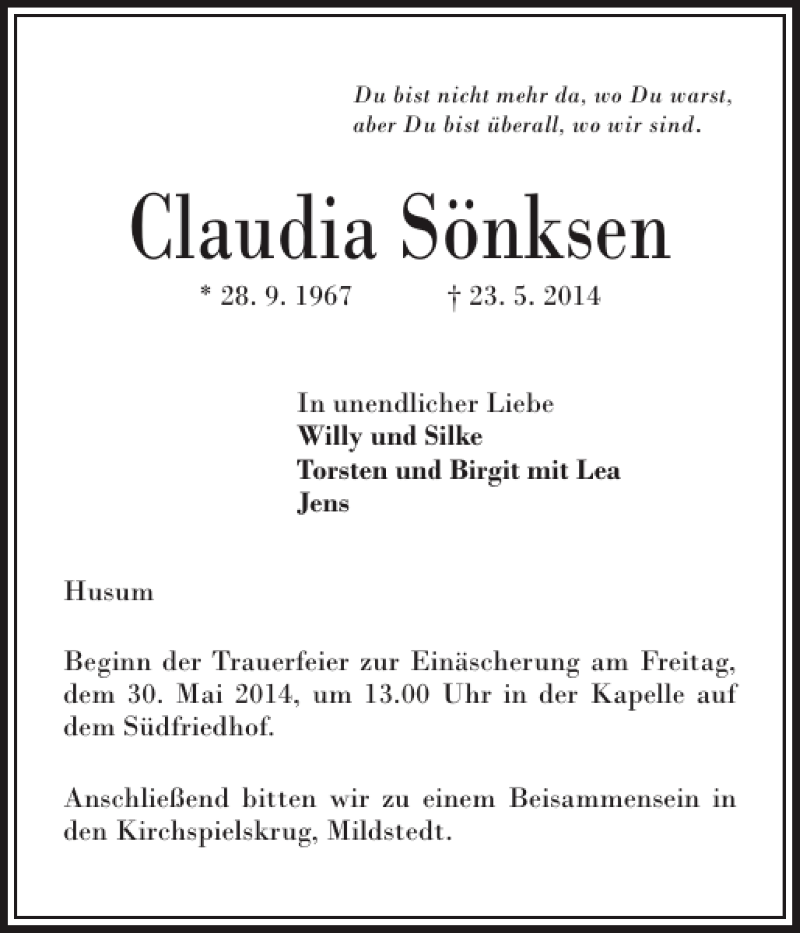  Traueranzeige für Claudia Sönksen vom 27.05.2014 aus Husumer Nachrichten