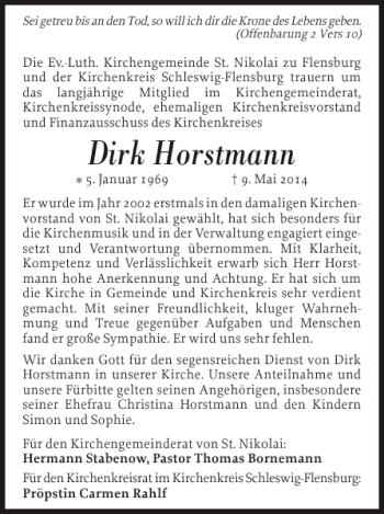 Traueranzeige von Dirk Horstmann von Flensburger Tageblatt