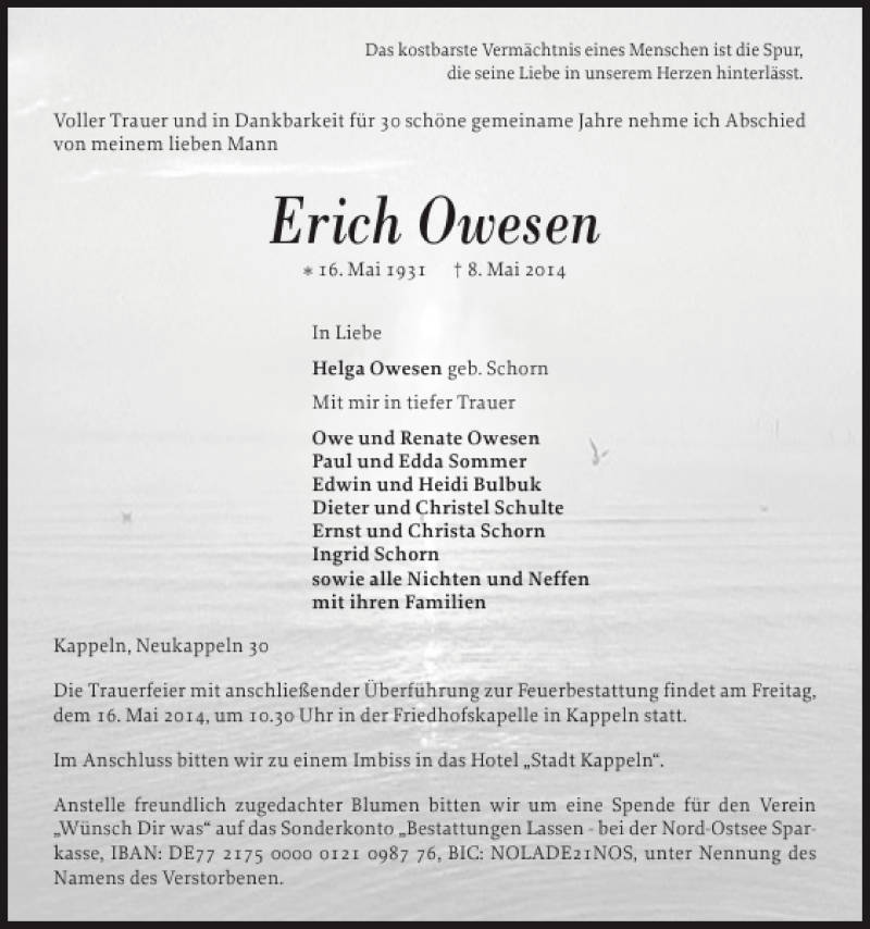  Traueranzeige für Erich Owesen vom 12.05.2014 aus Flensburger Tageblatt