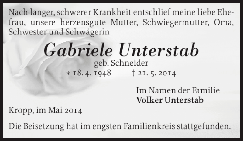  Traueranzeige für Gabriele Unterstab vom 31.05.2014 aus Landeszeitung