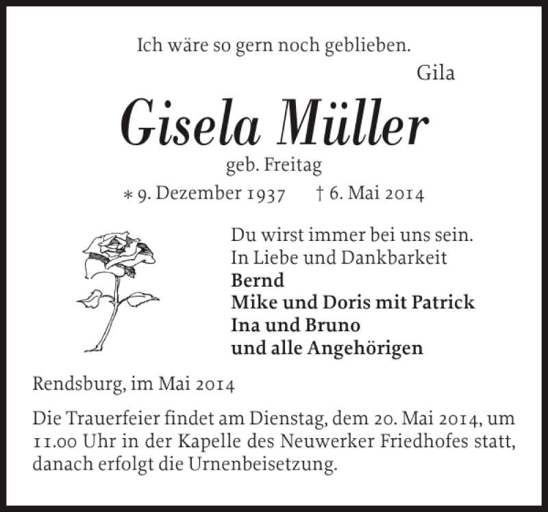  Traueranzeige für Gisela Müller vom 14.05.2014 aus Landeszeitung