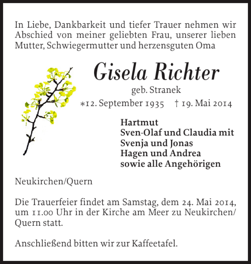  Traueranzeige für Gisela Richter vom 21.05.2014 aus Flensburger Tageblatt