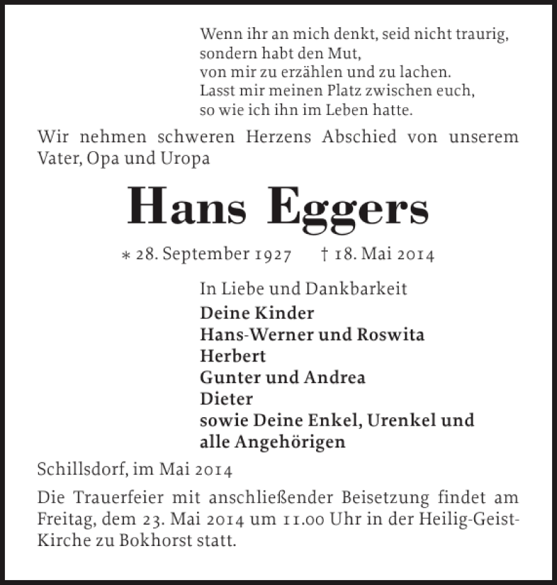  Traueranzeige für Hans Eggers vom 21.05.2014 aus Holsteinischer Courier