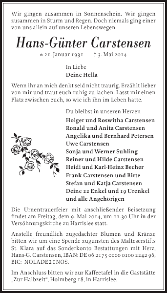  Traueranzeige für Hans-Günter Carstensen vom 07.05.2014 aus Flensburger Tageblatt