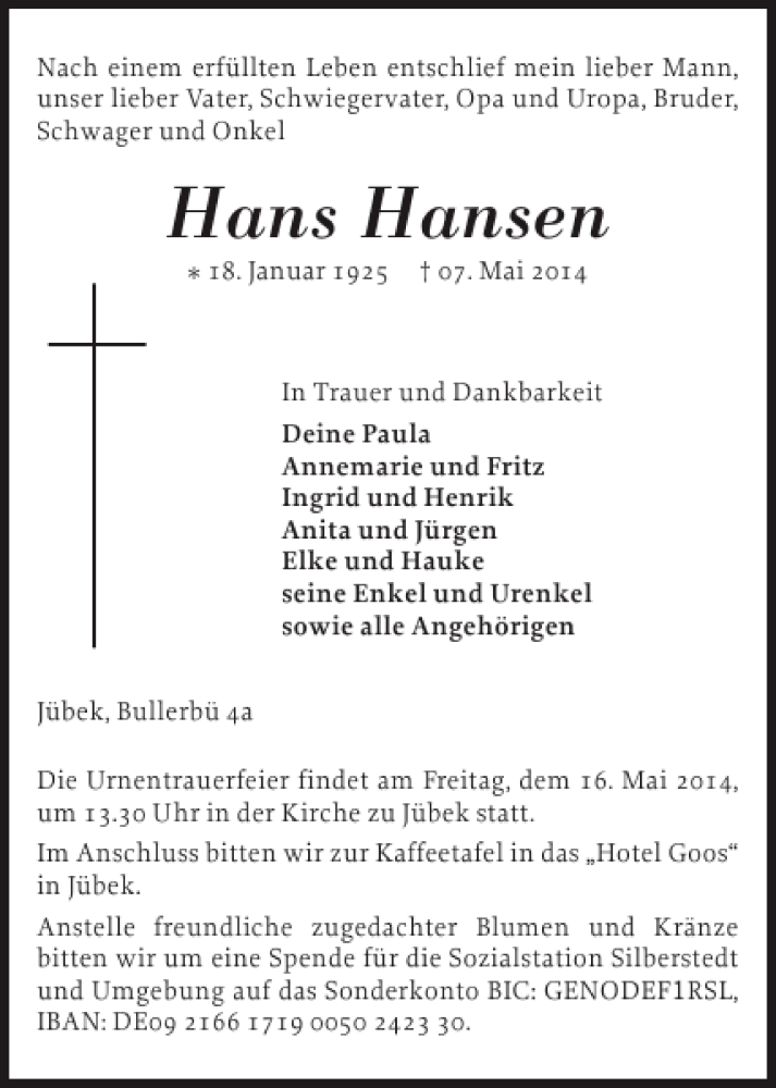  Traueranzeige für Hans Hansen vom 12.05.2014 aus Schleswiger Nachrichten