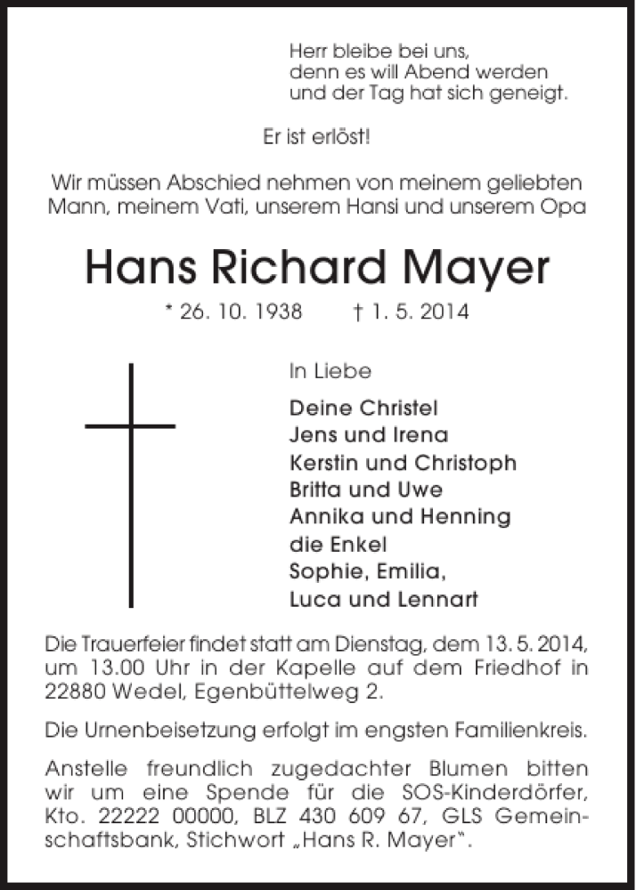  Traueranzeige für Hans Richard Mayer vom 10.05.2014 aus Pinneberger Tageblatt
