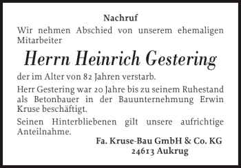Traueranzeige von Heinrich Gestering von Landeszeitung