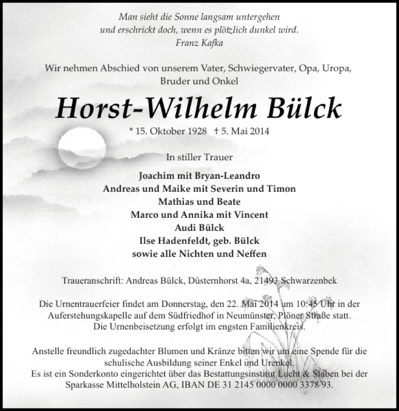  Traueranzeige für Horst-Wilhelm Bülck vom 17.05.2014 aus Holsteinischer Courier