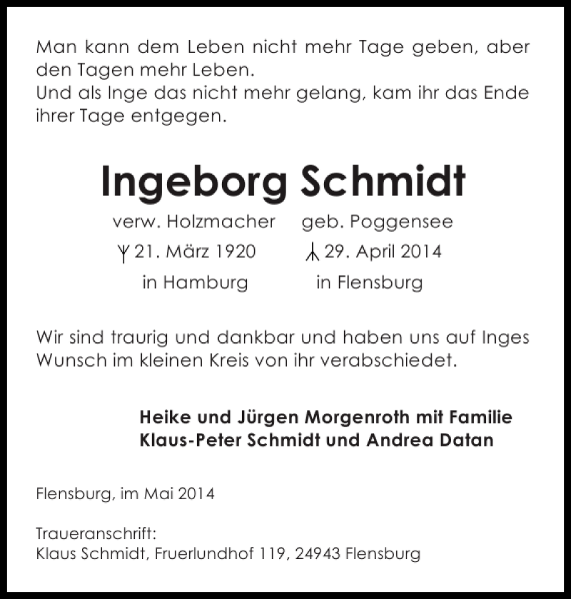  Traueranzeige für Ingeborg Schmidt vom 10.05.2014 aus Flensburger Tageblatt