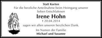 Traueranzeige von Irene Hohn von Stormarner Tageblatt