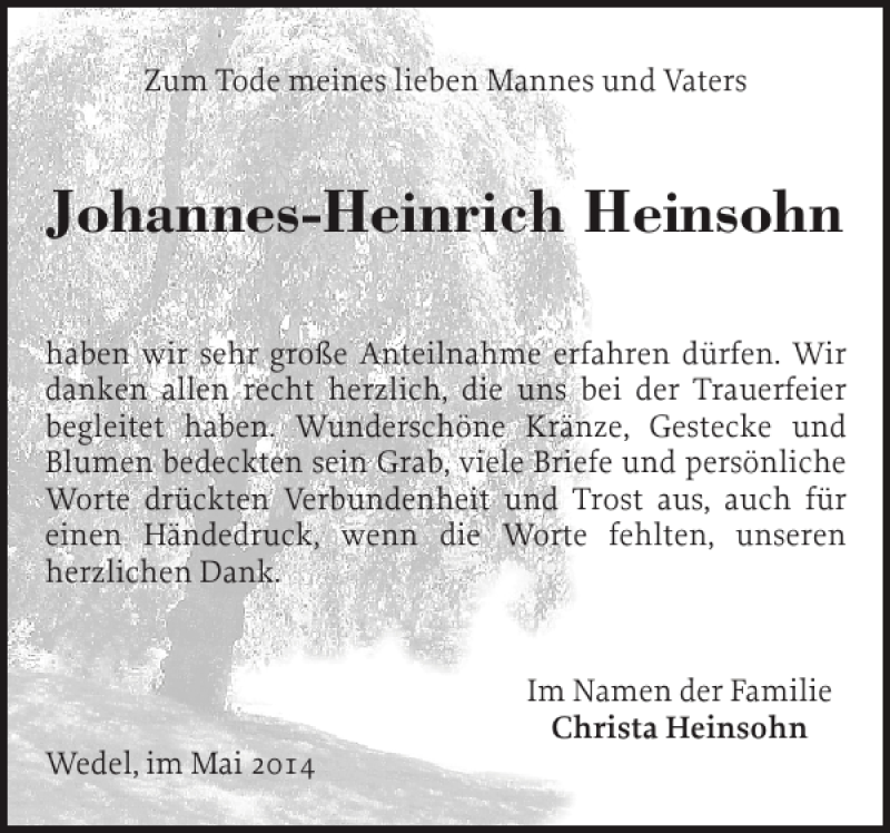  Traueranzeige für Johannes-Heinrich Heinsohn vom 31.05.2014 aus Pinneberger Tageblatt