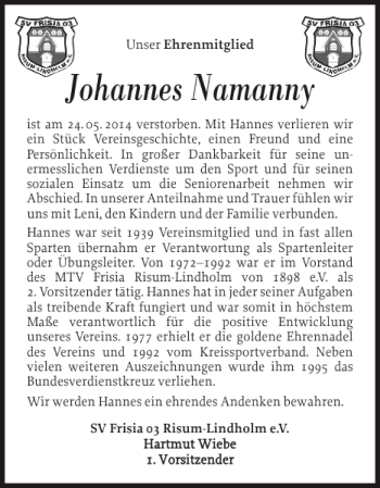 Traueranzeige von Johannes Namanny von Nordfriesland Tageblatt