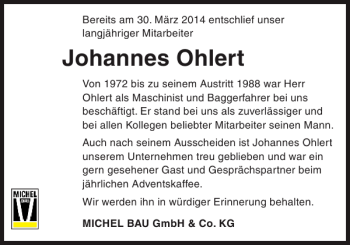 Traueranzeige von Johannes Ohlert von Holsteinischer Courier