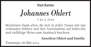 Traueranzeige von Johannes Ohlert von Landeszeitung