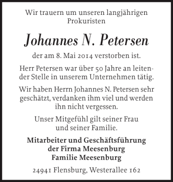 Traueranzeige von Johannes N. Petersen von Flensburger Tageblatt