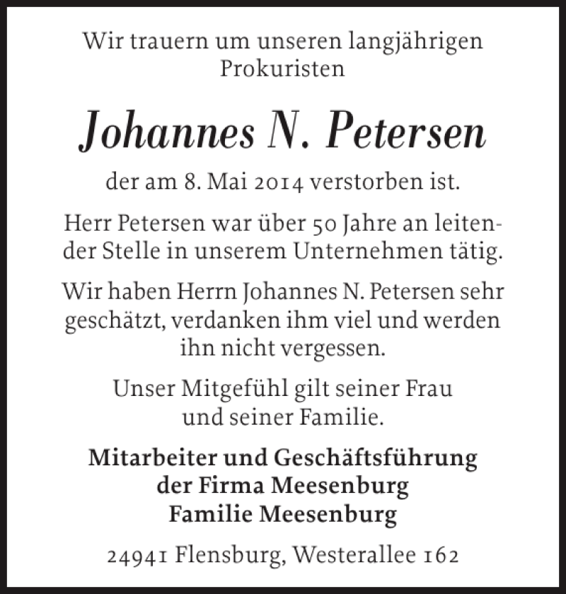  Traueranzeige für Johannes N. Petersen vom 13.05.2014 aus Flensburger Tageblatt