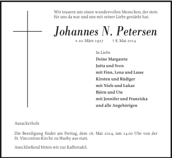 Traueranzeige von Johannes N. Petersen von Flensburger Tageblatt
